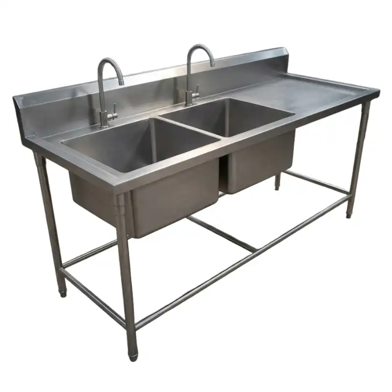 ซิงค์ล้างจาน 2 หลุม พร้อมที่พัก สแตนเลส 304 แท้ 100% Food Grade ขนาด 70x180x80 ซม. โครงสร้างแข็งแรงเสริมคานรอบด้าน ขาปรับระดับได้