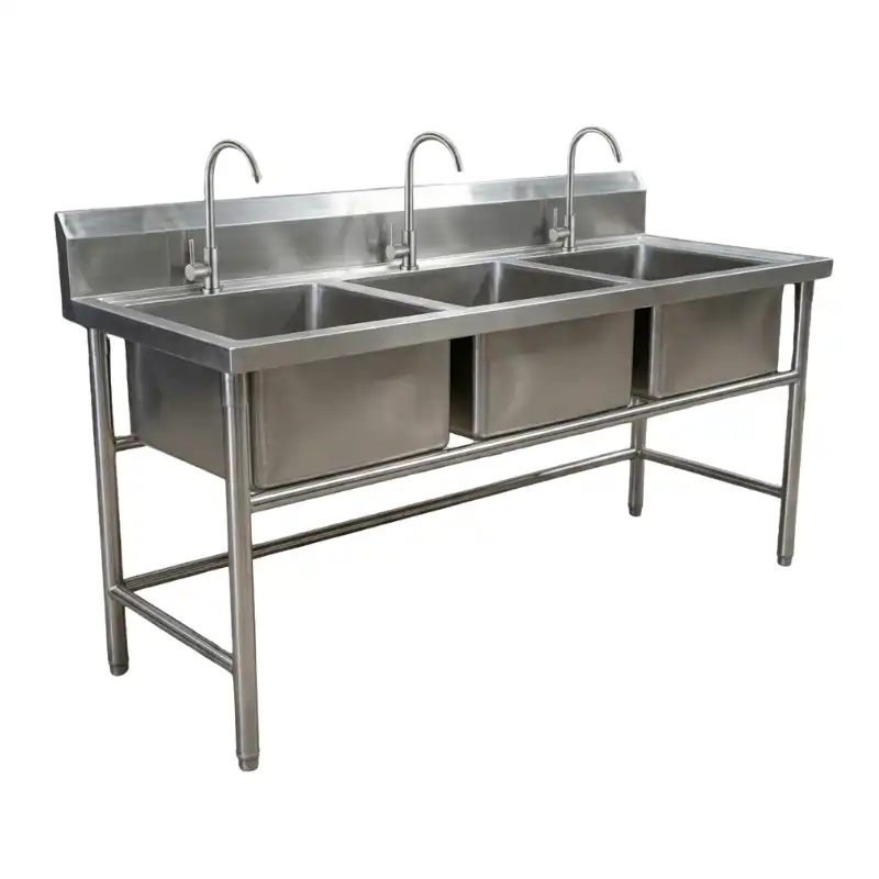 ซิงค์ล้างจาน 3 หลุม สแตนเลส 304 แท้ 100% Food Grade ขนาด 70x180x80 ซม. โครงสร้างแข็งแรงสำหรับร้านอาหารและอุตสาหกรรม
