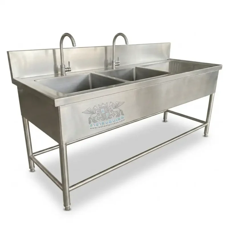 ซิงค์ล้างจาน 2 หลุม สแตนเลส 304 พร้อมที่พักจานด้านขวา ขนาด 180x65x85 ซม สำหรับครัวร้านอาหารและโรงพยาบาล