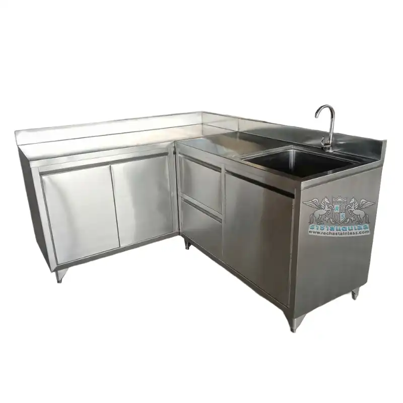 เคาน์เตอร์ตู้เข้ามุม สแตนเลส 304 ซิงค์ 1 หลุมพร้อมลิ้นชักและตู้บานทึบ