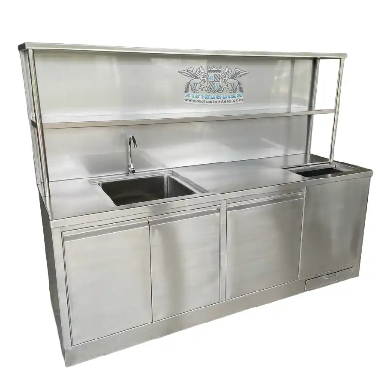 ชุดตู้เคาน์เตอร์สแตนเลส 304 แบบตู้พร้อมซิงค์ล้างจาน หลุมดรอปอิน และชั้นลอย 2 ชั้น ราชาสแตนเลส
