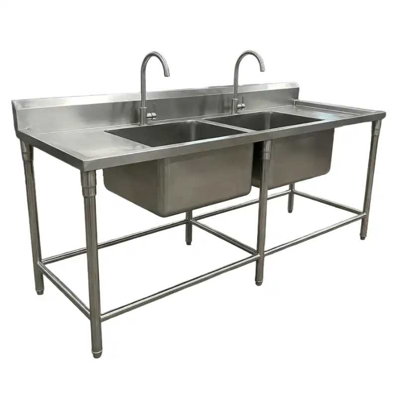 ซิงค์ล้างจาน 2 หลุม พร้อมที่พักจาน 2 ด้าน สแตนเลส 304 แท้ 100% ขนาด 70x210x80 ซม. โครงสร้างแข็งแรง ขาปรับระดับได้