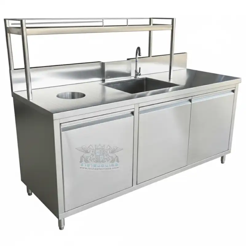 ชุดเคาน์เตอร์สแตนเลส 304 พร้อมซิงค์ล้างจาน หลุมขยะ และชั้นวางของ สำหรับร้านกาแฟ