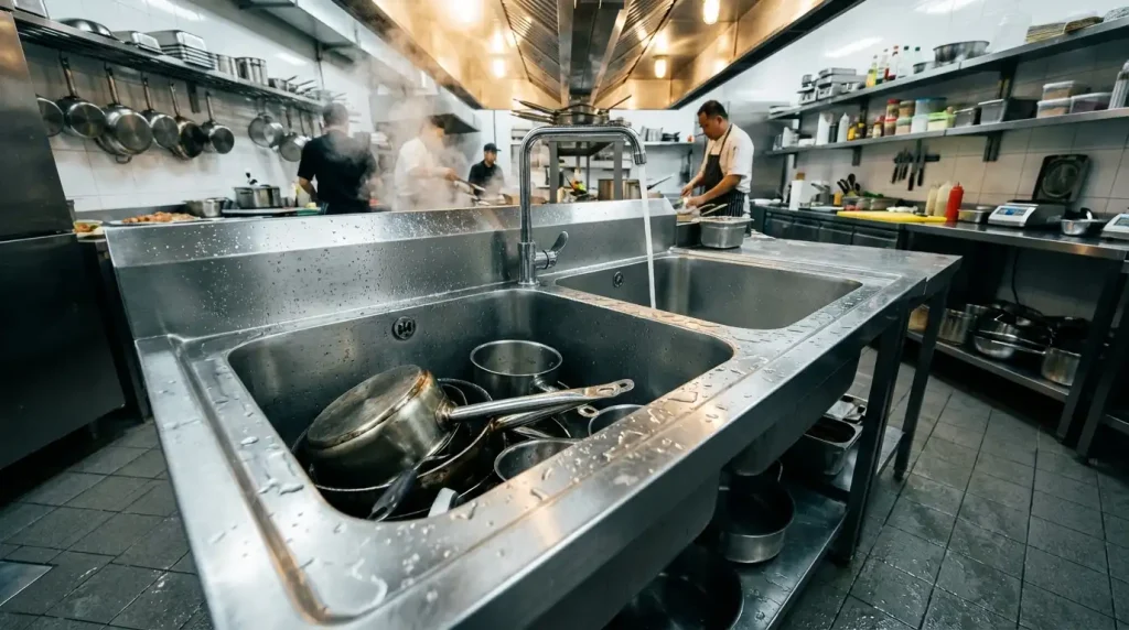 ซิงค์ล้างจานสแตนเลส 2 หลุม SUS 304 ผิวแฮร์ไลน์ สำหรับครัวร้านอาหารและโรงแรม มาตรฐานอุตสาหกรรม