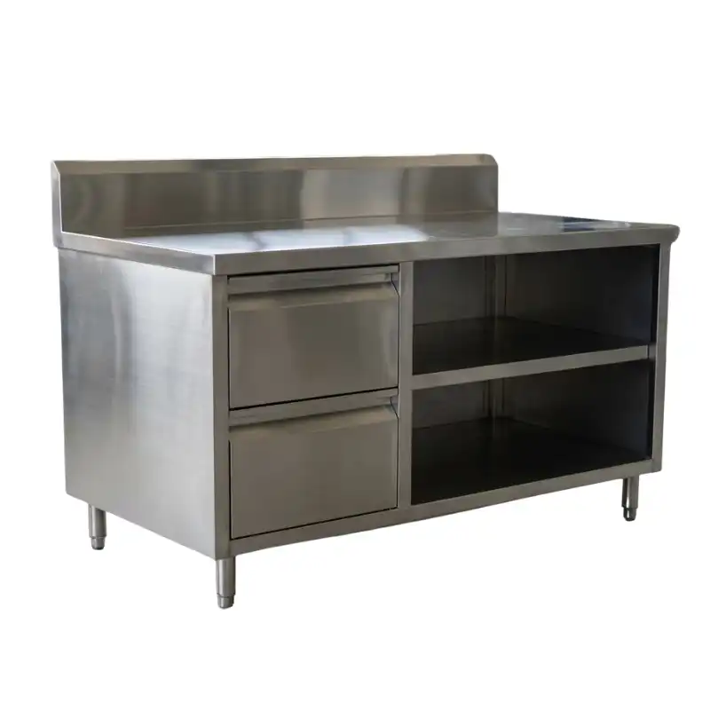 ตู้เคาน์เตอร์สแตนเลส 304 พร้อม 2 ลิ้นชัก 2 ชั้นวางเปิดโล่ง ขนาด 70x120x85 ซม. วัสดุ Food Grade แท้ 100% ขาปรับระดับได้ สำหรับร้านอาหาร ราชาสแตนเลส