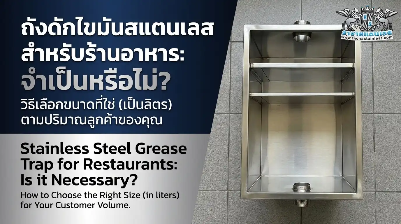 Stainless steel grease trap installed under a commercial sink in a restaurant kitchen
