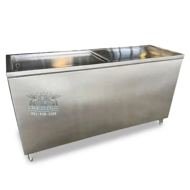ถังน้ำแข็งฝาเลื่อนสไลด์ 150x50x80 สแตนเลส 304 ฝาเลื่อน 2 บาน มือจับแบบฝัง สแตนเลส 304 แท้ Food Grade